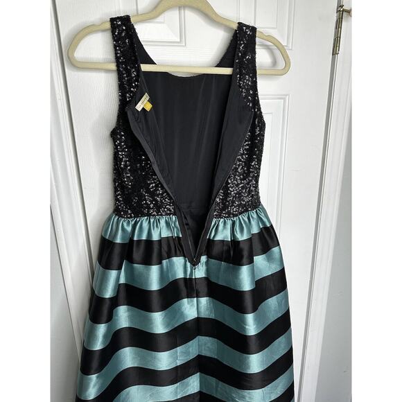 LEIFSDOTTIR Anthropoligie Stripes Sequin Fit & Flare Black Teal Dress Size 4 - Picture 11 of 12